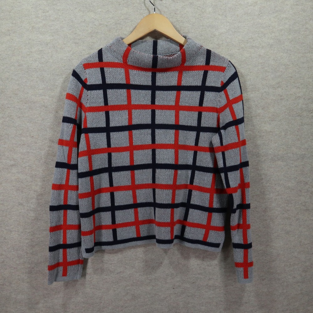 Old Navy Sweater Large Plaid Y2K Mock Neck Knit Pullover Grey Red 0294
